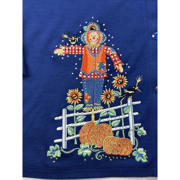Quacker Factory Cardigan Blue Large Fall Scarecrow Pumpkin Sunflower Embroidered - Picture 2 of 9